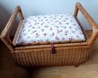 Antique wicker seat, hallway storage bench, seat with storage, bench with cushion, adorable bench, wicker bench, storage bench,entryway seat