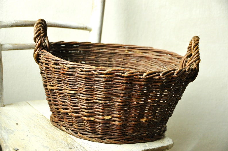 Vintage Wicker Basket With Two Handles Handwoven Round Etsy