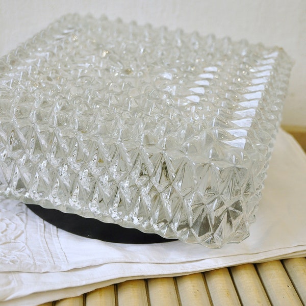 Vintage mount ceiling light, Square ceiling lamp, Mandala pattern glass sconce, flush mount ceiling, Yugoslavia 60's, retro glass light