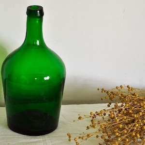 Vintage Demijohn, old demijohn, strong green color glass, green glass bottle, wine spirit bottle, Oil bottle, Farmhouse kitchen, damigiana