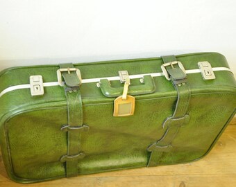 Vintage suitcase, Green suitcase, Green luggage bag, Big travel bag, green baggage
