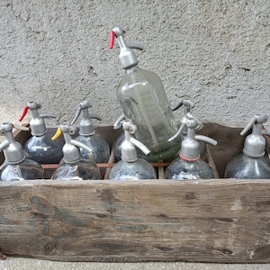 Vintage Seltzer Bottle, 10 Seltzer bottles, set of Seltzer bottles, with Rustic Wooden Crate, Pub Bar glass Decor, vintage barware