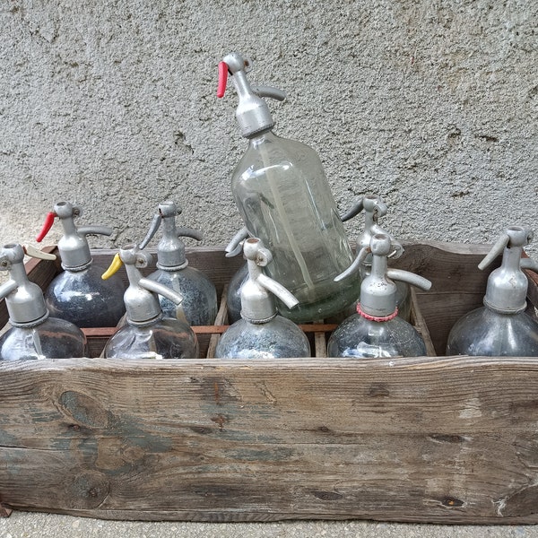 Vintage Seltzer Bottle, 10 Seltzer bottles, set of Seltzer bottles, with Rustic Wooden Crate, Pub Bar glass Decor, vintage barware