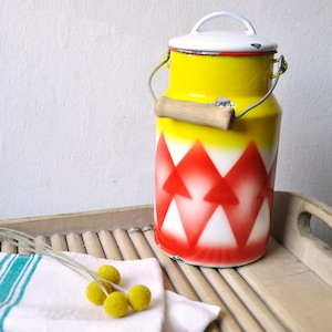 Vintage Emo Milk Can, Enamel milk can with Wooden Handle, Red yellow enamel can, red and yellow pattern, Emo Yugoslavia, from Yugoslavia
