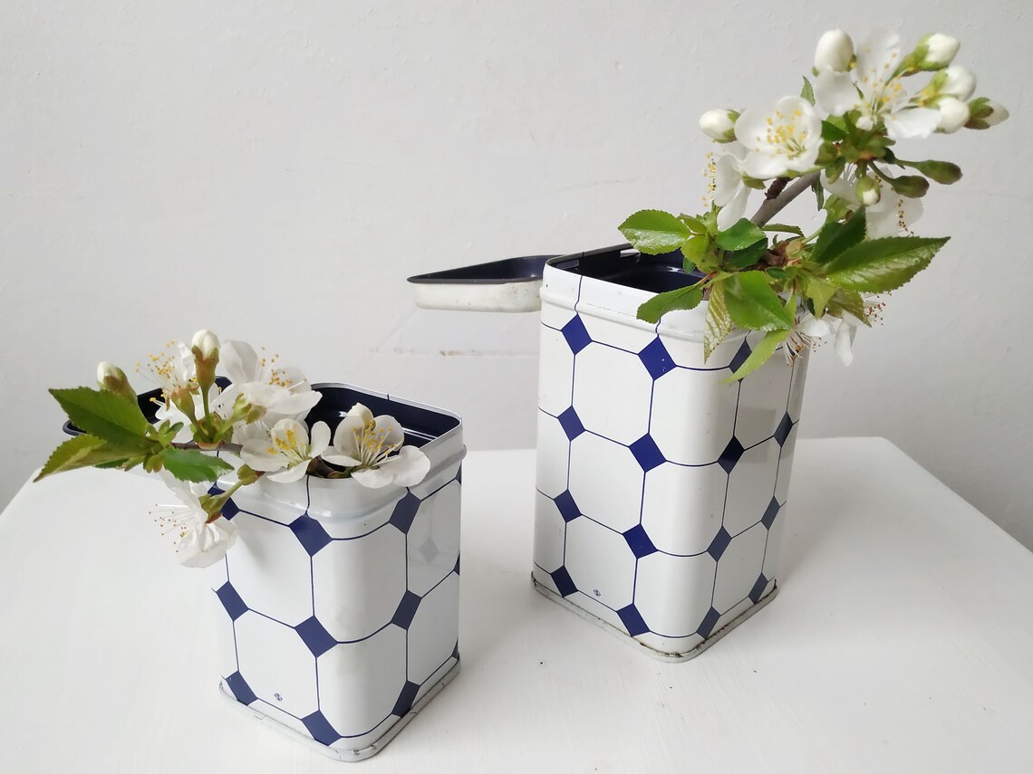 Vintage Blechdose Küchendosen Set Blechdose Paar weiß blaue | Etsy