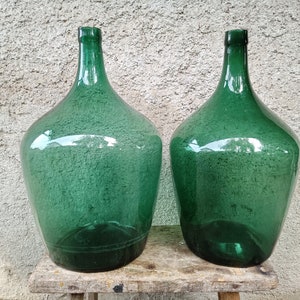 Antique demijohn, Old Demijohn, green demijohn, green carboy, hand blown glass, dark green bottle, green glass vase, pampas glass vase