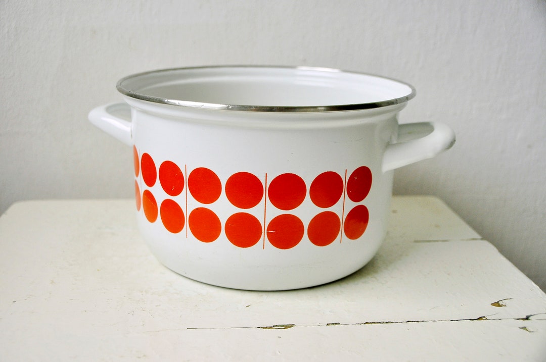 Vintage Enamel, Enamel Pot, White Enamel With Red Dots, Retro Enamel