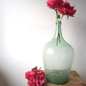 Large Demijohn, vintage green demijohn, green glass bottle, hand blown bottle, glass vase,old wine bottle, glass floor vase, green damigiana