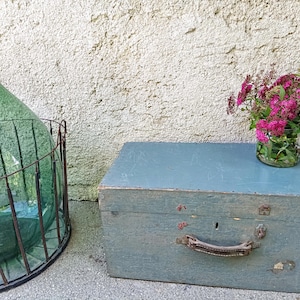 Rustic wooden box, vintage storage trunk, blue gray wooden crate, wooden centerpiece, shabby chic decor, Yugoslavia, handmade wooden luggage