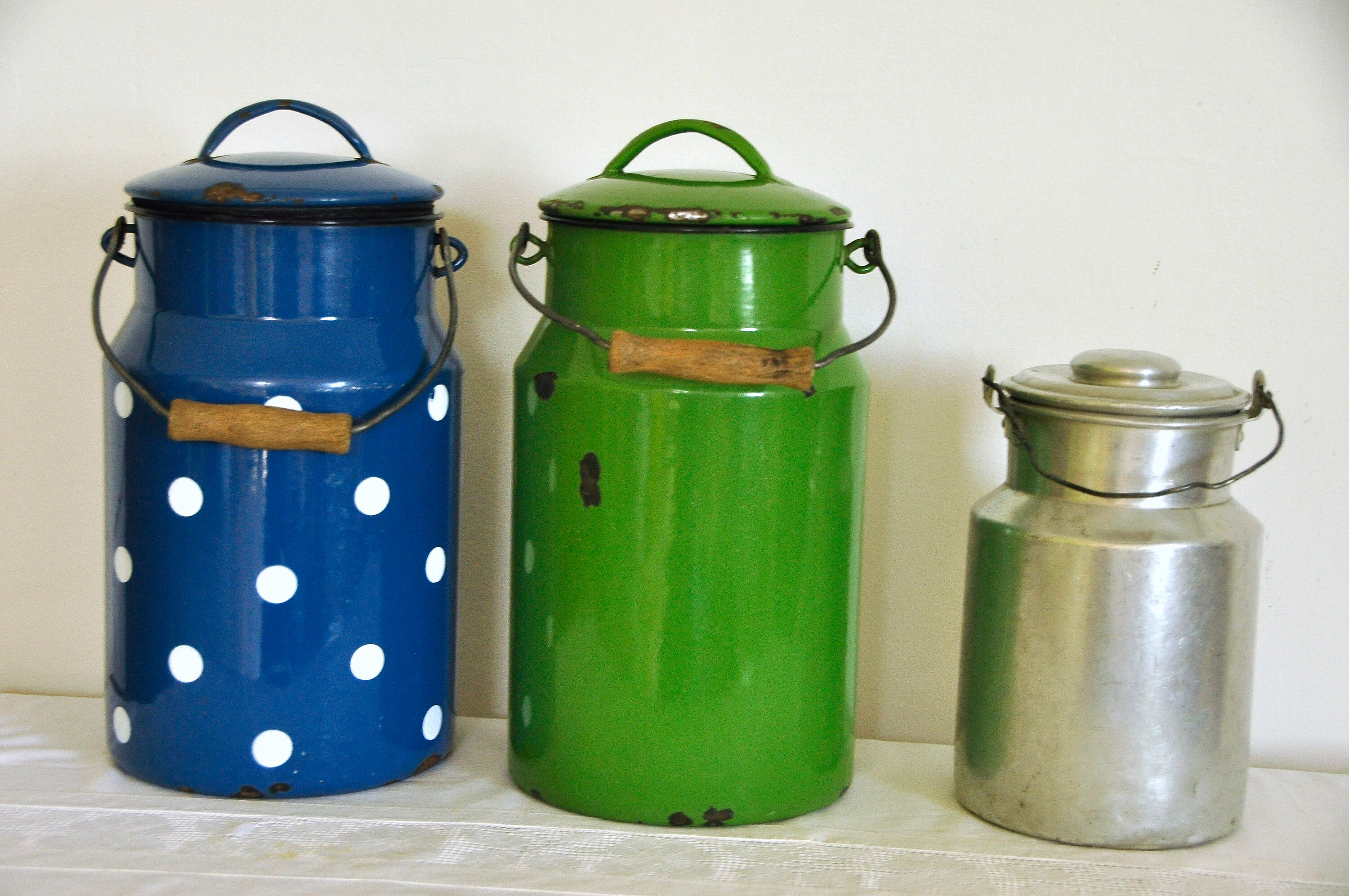Vintage Enamel Milk Can With Wooden Handle Blue With White Etsy