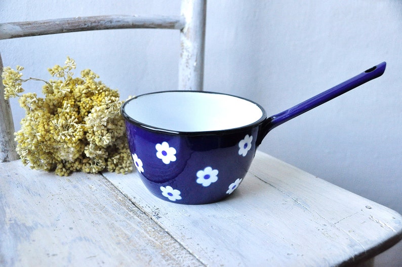 Vintage Enamel Pot Long Handle Pot Flower Pattern Pot Blue Etsy