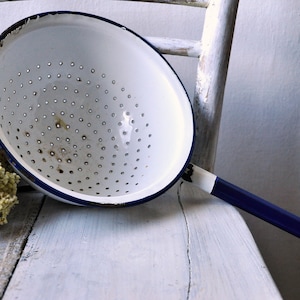 Vintage Enamel Strainer, white blue enamel colander, Emo Yugoslavia, big strainer,  Mid Century Rustic Decor, from Yugoslavia