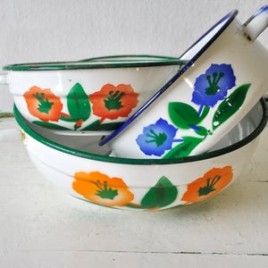 Vintage floral enamel pot, white enamel with orange flowers, blue flowers, enamel cookware, Rustic Kitchen,Emo Rustic decor, from Yugoslavia