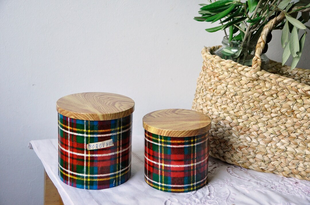 Vintage Tin Can, Kitchen Canisters, Tin Storage Set, Tin Can Pair