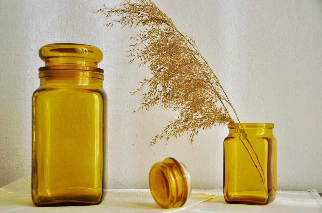 Set of 2 Vintage Glass Jars Brown Glass Jars Glass Storage Etsy