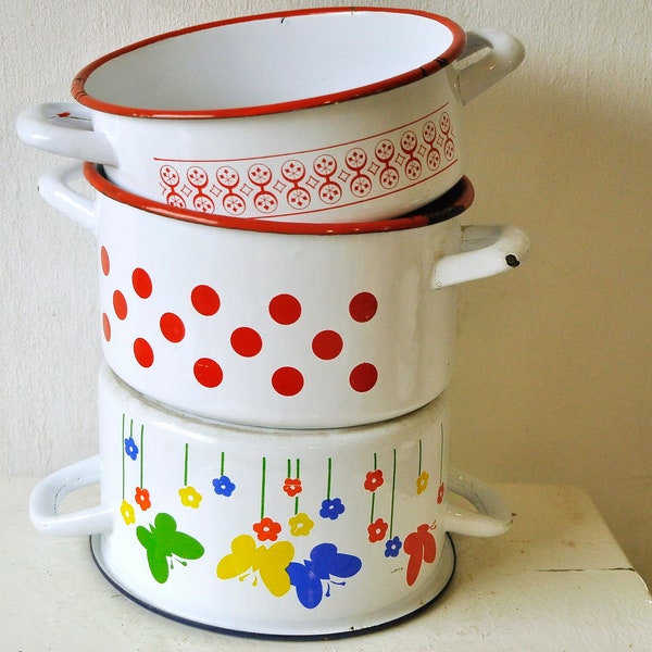 Vintage colorful Enamel pot, White red Enamel pot, Polka dots enamel, Butterfly flower pot, Enamel emo kitchenware, From Yugoslavia