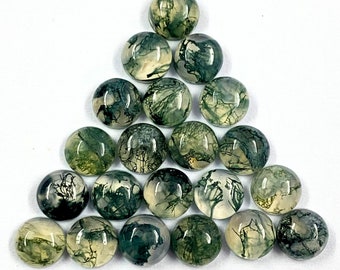 May include: A collection of 20 round, green and white moss agate cabochons. The cabochons are smooth and polished, with a variety of patterns and textures.