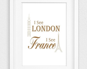 I See London I See France, druckbare Wanddekor, Badezimmer Wanddekor, Gold, Bronze, Eiffelturm, Big Ben, digitaler Download, Wanddekor, Kunst