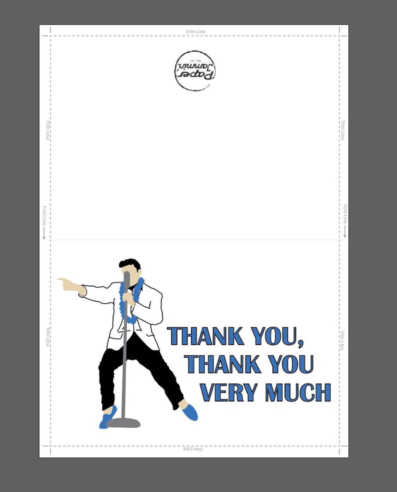 May include: A greeting card featuring a cartoon illustration of a man singing into a microphone with the text "THANK YOU, THANK YOU VERY MUCH".
