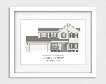 Custom Home Portrait, Color House Drawing, Anniversary Gift, Personalized Housewarming, Realtor Closing Gift, House Portrait, Minimalist