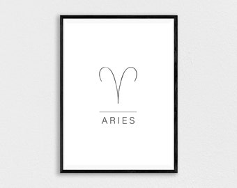 Könnte beinhalten: Ein minimalistischer Schwarzweißdruck des Sternzeichen Widder mit dem Wort "ARIES" in schwarzer Schrift unter dem Symbol.