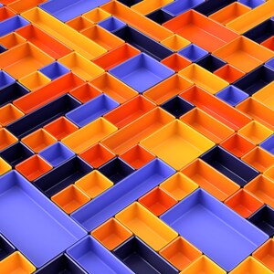 May include: Abstract geometric pattern of rectangular and square containers in shades of orange, yellow, and blue. The containers are arranged in a repeating, tessellated design, creating a visually complex and colorful composition.