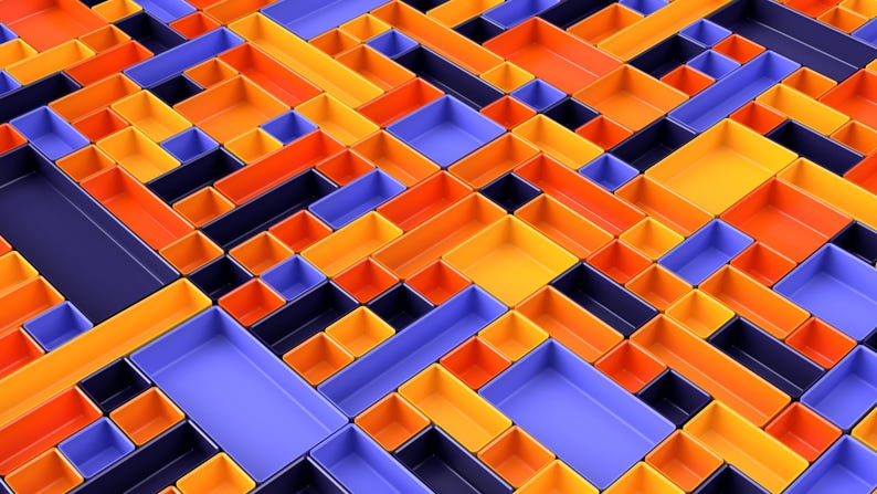 May include: Abstract geometric pattern of rectangular and square containers in shades of orange, yellow, and blue. The containers are arranged in a repeating, tessellated design, creating a visually complex and colorful composition.
