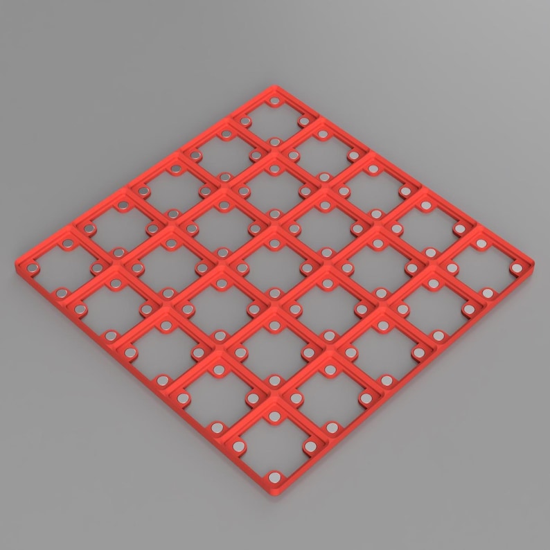 K&ouml;nnte beinhalten: Ein rotes, rautenf&ouml;rmiges Gitter mit einem sich wiederholenden Muster aus quadratischen &Ouml;ffnungen. Jedes Quadrat hat kleine, kreisf&ouml;rmige silberne Akzente an jeder Ecke. Das Gitter befindet sich vor einem grauen Hintergrund.