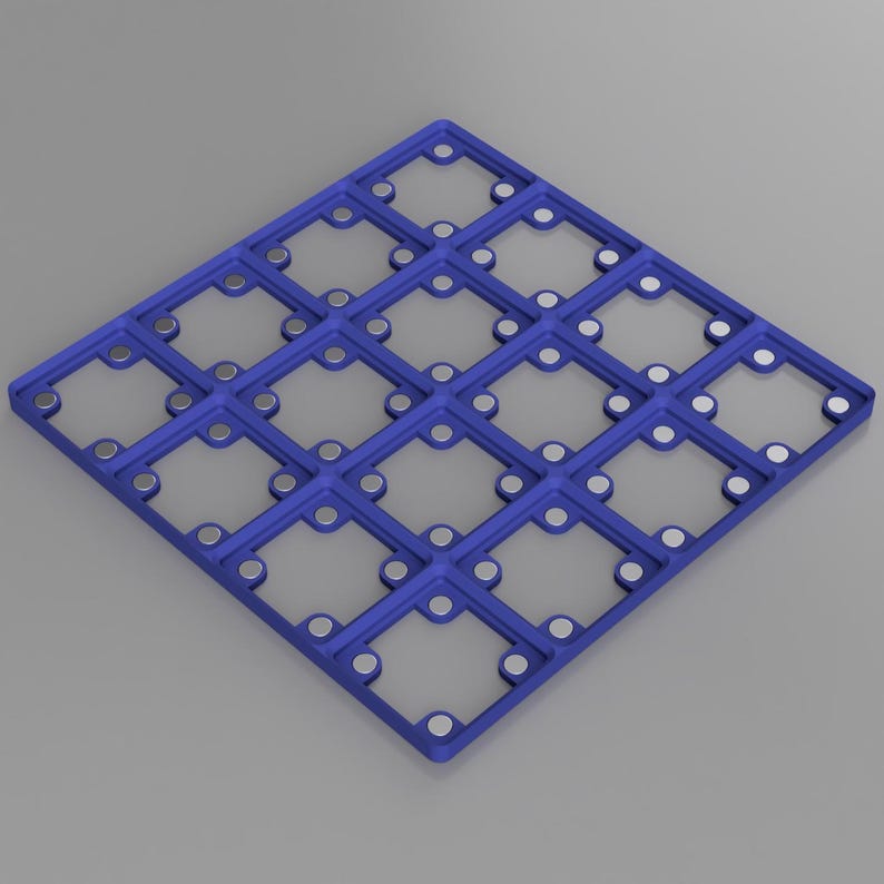 K&ouml;nnte beinhalten: Blaues gitterartiges Gebilde mit einem Rautenmuster. Jedes Quadrat im Gitter hat in jeder Ecke ein kleines, kreisf&ouml;rmiges, silberfarbenes Element. Die Struktur ist vor einem grauen Hintergrund angeordnet. Das Design scheint ein 3D-gedrucktes Objekt zu sein.