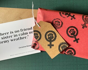 Sisterhood Gift Bundle - feminist ink gift wrap, blank quote card, notebook & handmade stress relief fist