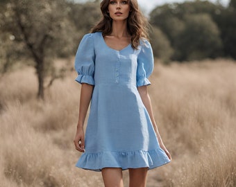 Blue linen mini dress with frill, Blue linen summer dress, Natural linen dress, Sustainable Clothing.