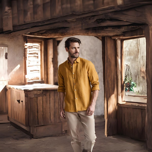 Mustard yellow linen men's shirt, Summer outfit, Pure linen shirt, Autumn clothing, Mens linen clothing.