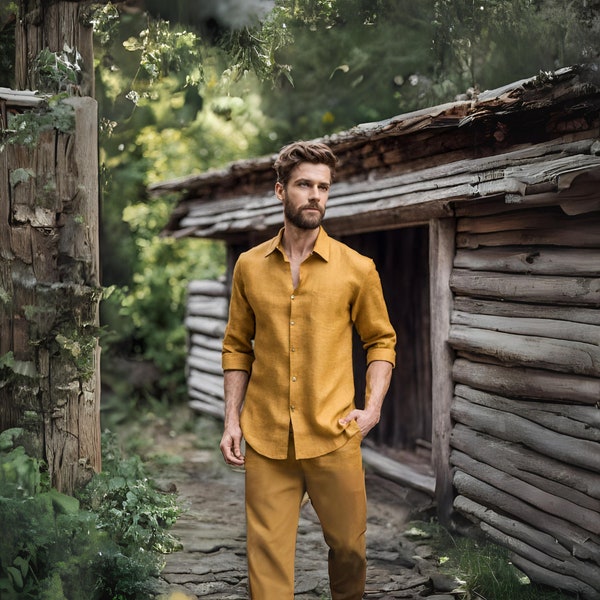 Mustard yellow linen men's shirt, Summer outfit, Pure linen shirt, Autumn clothing, Mens linen clothing.