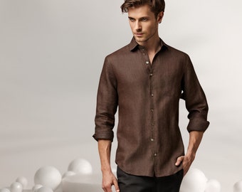 Chemise homme en lin marron, tenue d'été, chemise en lin pur, vêtements en lin pour homme.