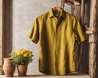 Yellow men's linen shirt, Yellow collared shirt, Button up shirt, Anniversary gift for him 1 year boyfriend, Gift for boyfriend.