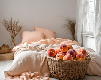 Peach color linen duver cover bedding set.