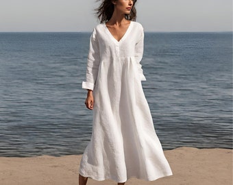 White linen dress, Linen wedding dress, Linen maxi dress, Summer linen dress.