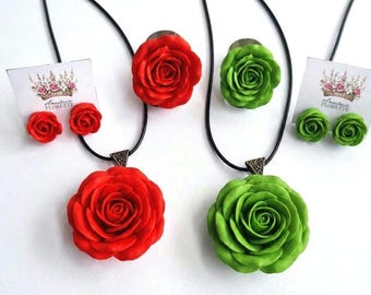 Handmade Polymer Clay Rose Jewelry Set – Red Green Pendant Necklace Ring Earrings Bundle