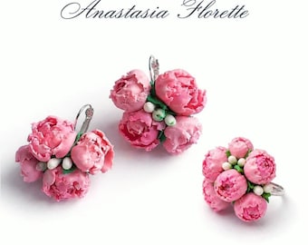 Handmade Pink Peony Polymer Clay Flower Earrings and Ring Set