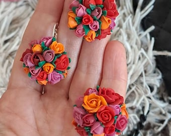 Earrings and ring with tulips and roses, "Colors of life!"  Gift for her