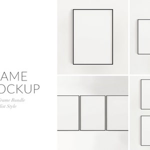 May include: A mockup of a rustic frame bundle in a minimalist style. The image shows five different frame arrangements, all with black frames and white backgrounds.