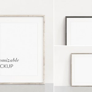 May include: Two blank picture frames, one with a light wood frame and one with a black frame, against a white wall. The text "Customizable MOCKUP" is below the wood frame.