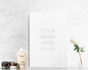 Download Free Floral styled stock photography - White 2x3 ratio portrait frame mock up - High Res Jpeg file + PSD + PNG - Minimalist style bathroom mockup PSD Template