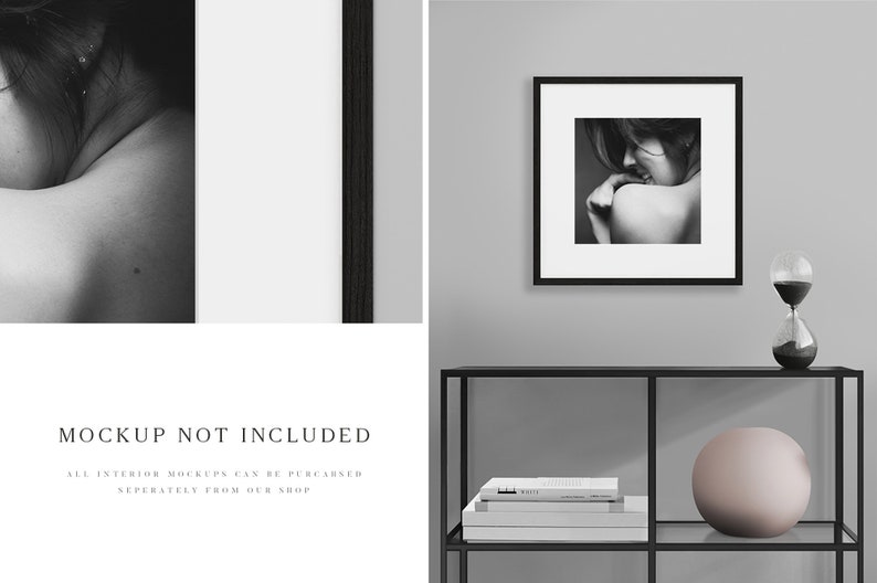 May include: A black and white photograph of a woman is framed in a black frame and hung on a grey wall. The frame is on a black shelf with a white book and a round, light pink vase.