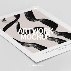 May include: A mockup of a minimalist art print with black brushstrokes on a light pink background. The text "ARTWORK MOCKUP" is in white, and the text "THE ABSTRACT ART COLLECTION The Lines No. 1" is in black at the bottom of the print.