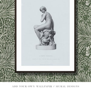 May include: A framed black and white print of a sculpture of a woman sitting on a rock. The print is on a light blue background and has the text "A Roman Statue" at the bottom.