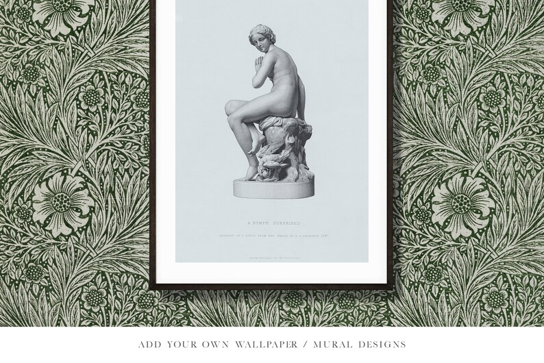 May include: A framed black and white print of a sculpture of a woman sitting on a rock. The print is on a light blue background and has the text "A Roman Statue" at the bottom.