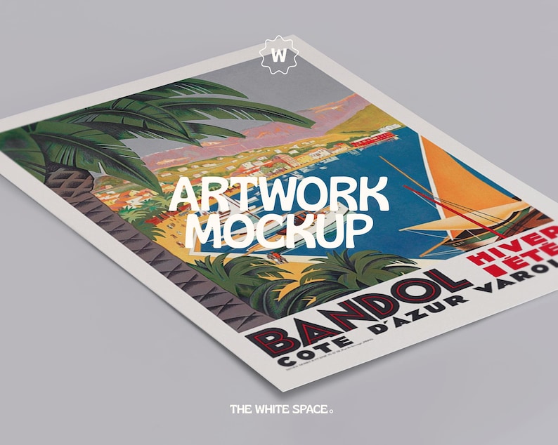 May include: A vintage travel poster mockup featuring a colorful illustration of a seaside town with palm trees, boats, and the text "Bandol Cote d'Azur Varoi Hiver Ete".