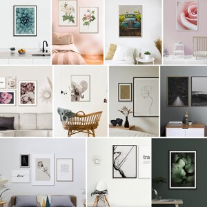 May include: A collection of framed prints featuring various designs, including floral patterns, a vintage car, a succulent, an elephant, a line drawing of a flower, a road through a forest, and a tropical leaf. The prints are displayed on different walls in various rooms, including a kitchen, a nursery, a living room, and a bedroom.