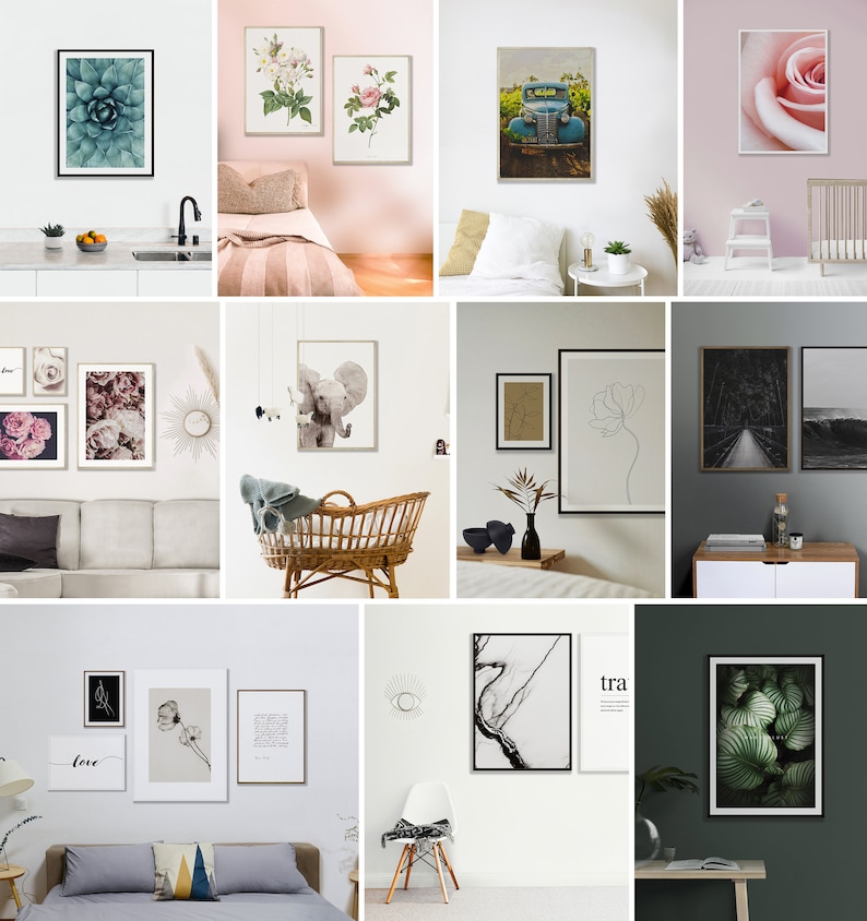 May include: A collection of framed prints featuring various designs, including floral patterns, a vintage car, a succulent, an elephant, a line drawing of a flower, a road through a forest, and a tropical leaf. The prints are displayed on different walls in various rooms, including a kitchen, a nursery, a living room, and a bedroom.